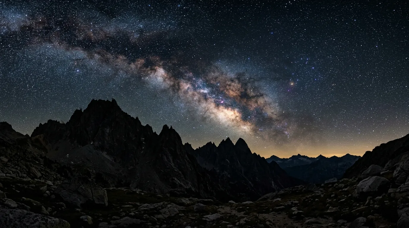 Starry night sky over rugged dark mountain peaks